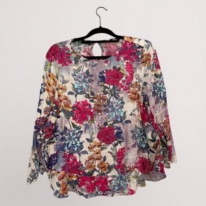 BASLER Women's Long Sleeve Floral‎ Print Blouse Top Keyhole Back Size 42/L